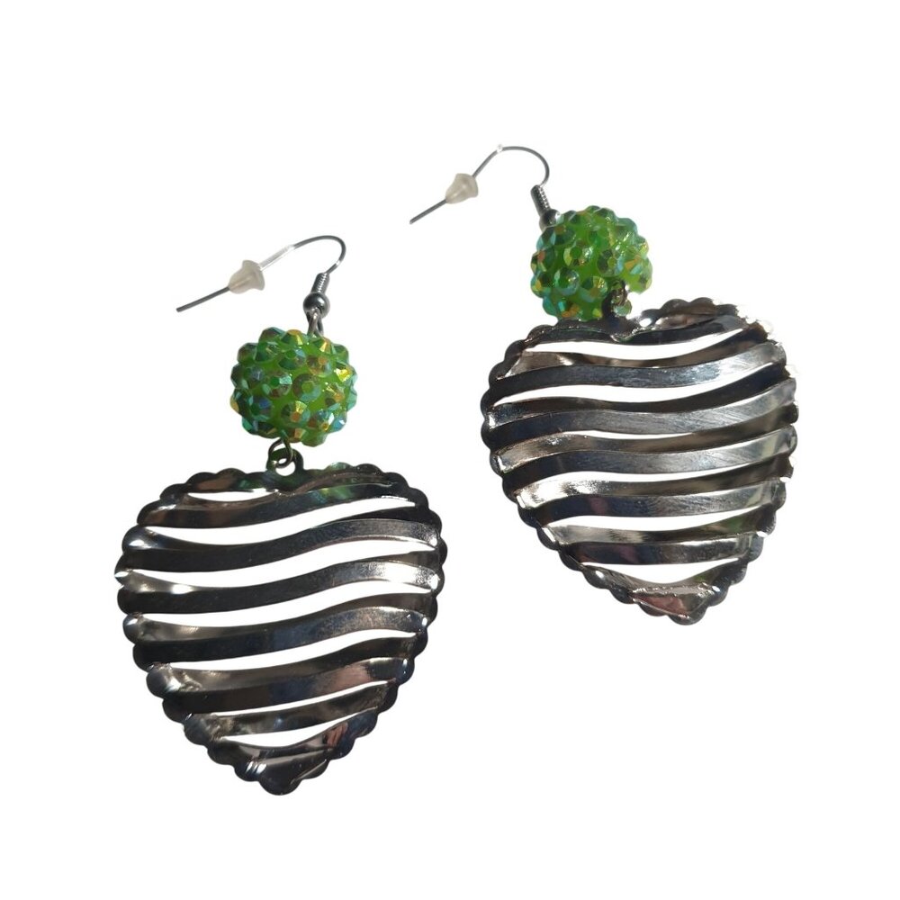 Silver Heart Dangle Earring Green Glitter Bead Accents Lightweight Unique Design